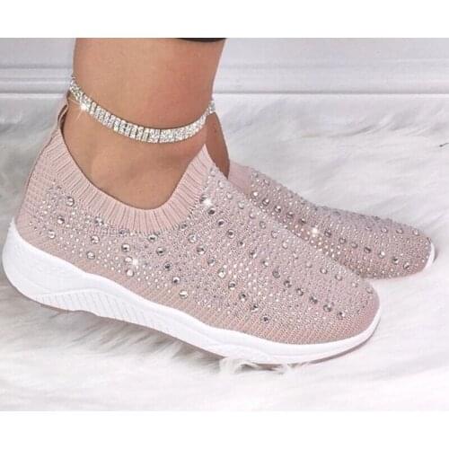 New Knit Mesh Crystal Sneakers Women Comfortable Breathable Flat Shoes Fashion Slip on Plus Size Casual Shoes Femalebk98