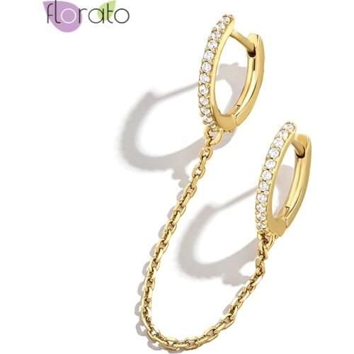100% real 925 Sterling Silver Chain Hoop Earrings for Women Double Hoop Earring with Chain Gold Silver color Ear Jewelry