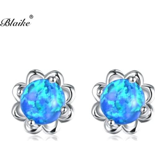 Blaike Blue/Green/White Fire Opal Designer Flower Earrings For Women Silver Color Double Side Earring Fashion 2018