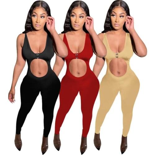 Black Khaki Red Sexy Skinny Cut Out Jumpsuits Sleeveless Tank Waist Hollow Out Slim Rompers Women Jumpsuits Bodycon Long Pants