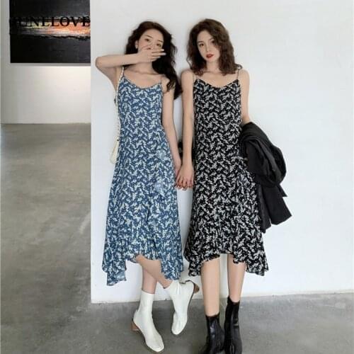 JuneLove Ruffles Dress Women Retro Asymmetrical Floral Designer Dress Spaghetti Strap Fashion Elegant Gentle Chic Trendy Dress