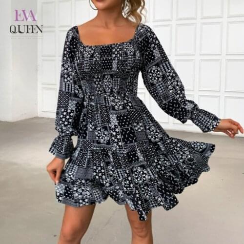 EvaQueen Print Ruched Summer Mini Dress Women Ruffle Square Collar Soft Loose Dresses Backless Full Sleeve Sexy Beach Vestidos