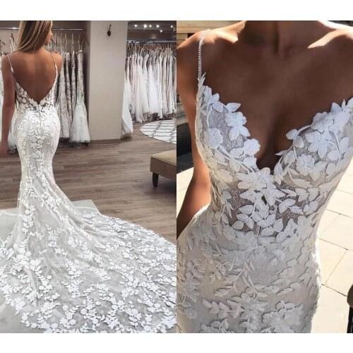 2021 Plus Size Arabic Aso Ebi Mermaid Luxurious Lace Wedding Gowns Spaghetti Crystals Backless Vintage Sexy Bridal Gowns