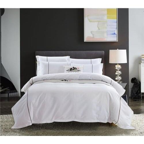 4pcs sateen bed linen 100% Cotton white hotel bedding queen size coffee color piping duvet cover and pillowcases king sheets