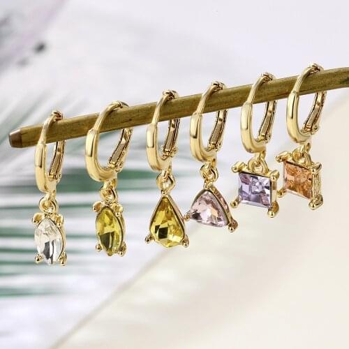 6 Pcs New Water Drop Rhinestone Dangle Earrings for Women Copper Cute Mini Round Piercing Womens Earrings Set Fashion Jewelry