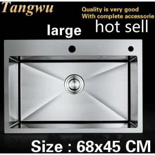 Free shipping Household luxury large kitchen manual sink single trough wash the dishes 304 stainless steel hot sell 680x450 MM