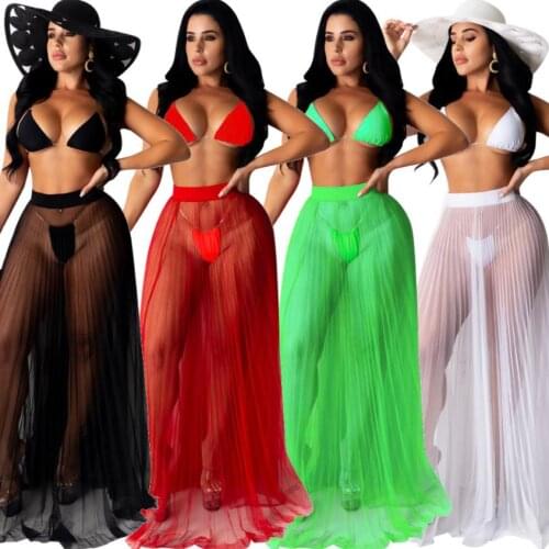 BKLD Summer Matching Sets For Women Beach Wear Sexy Mesh Sheer Three Piece Outfits Crop Tops And Long Pleated Skirt With Panties