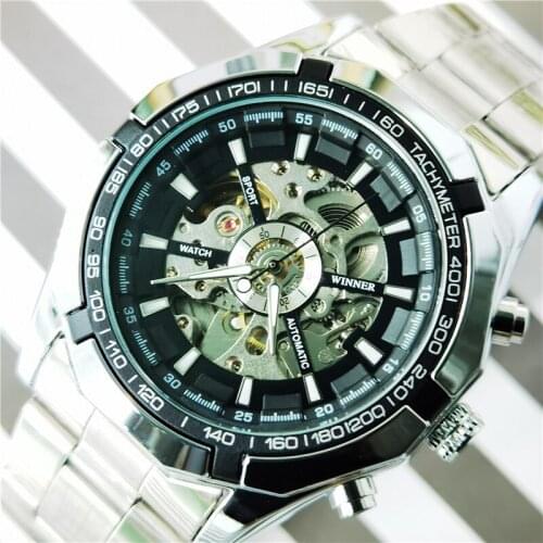 WINNER 2020 Silver Black Skeleton Clock Two Button Decoration Automatic Mechanical Watch For Men Reloj Hombres WristWatches