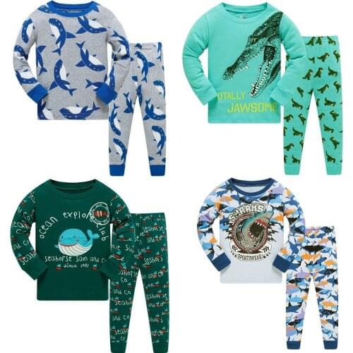 3-8 Year Children Pajamas Sets Shark Baby Boys Sleepwear nightdress Blue Boy pijama loungewear T-Shirt Trouser PJS Cotton