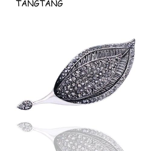 2 Layers Vintage Leaf Rhinestone Brooch With Black Antique Silver Color Glamour Charming Costume Jewelry Pins, Item NO.: BH8211