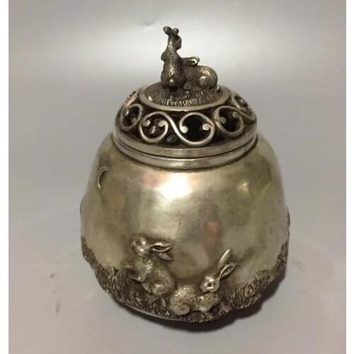 Chinese Hand-made Tibet Silver Sculpture Small White Rabbit Incense Burner Censer Zodiac Animal Statue Home Decoration