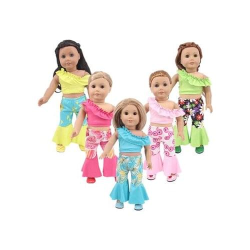 Doll Clothes Fashion Print Sexy Off Shoulder Flared Pants Fit For 18 Inch American&43CM Reborn New Born Baby Doll Girl`s Toy DIY