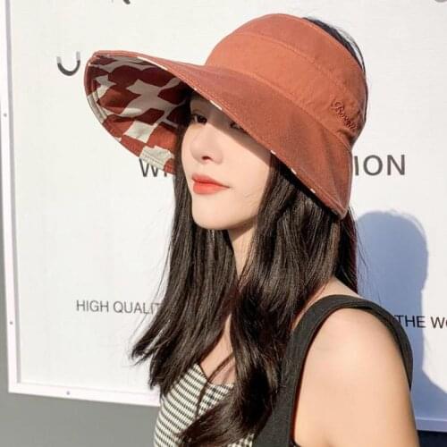 YQYXCY Summer Hats For Women Empty Top Sun Protection Sunscreen Beach Hat Large Brim Folding Double Sided Sunhat Korean Casual