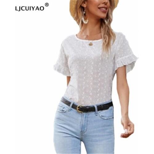 LJCUIYAO Ruffles Short Sleeve T Shirts Women Fashion Solid Summer All-Match Top Ladies Office Hollow Out Streetwear New Clothes