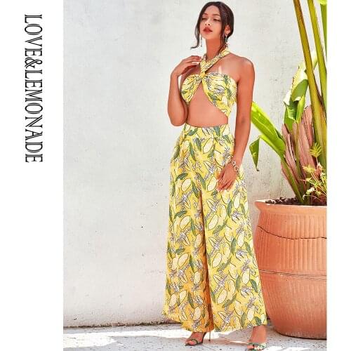 LOVE&LEMONADE Sexy Yellow Leaf Print Changeable Bandage Mid-Waist Wide-Leg Shape Chiffon Summer Set LM83478