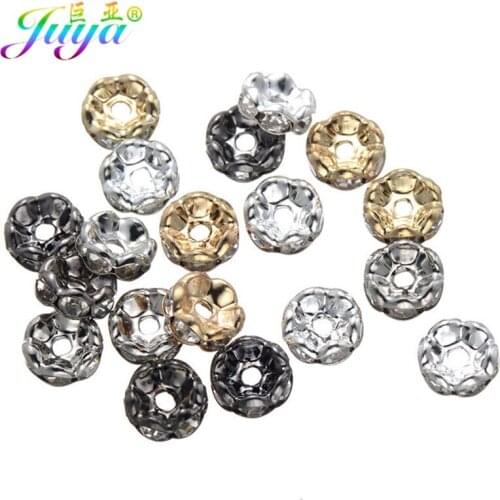 Juya 100pcs/lot Metal Spacer Beads Clear Rhinestones Flower Slider 8mm Separators For Women Needlework Beading Jewelry Making