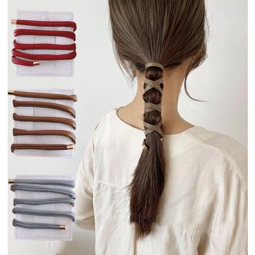 2021 New Women Vintage Ponytail Hold Leather Long Hair Tie Headband Sweet Hair Decorate Hairbands Fashion Hair Accessories
