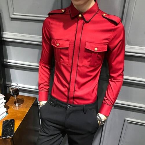 Spring New Long Sleeve Mens Social Shirts Front Pocket Slim Fit Casual Shirt Dress Night Club Blouse Homme Plus Size Men Shirt