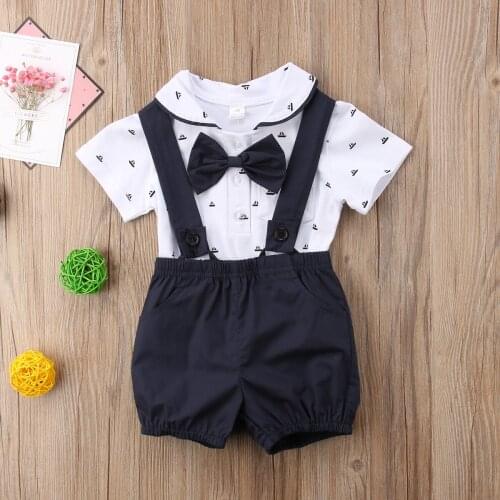 Infant Baby Boy Clothes Wedding Formal Suit Bowtie Gentleman Romper Suspenders Short Pant Outfit 0-24M Newborn