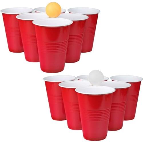 Besegad 12pcs Disposable Red Plastic Party Cups with 2pcs Table Tennis Balls for Halloween Holiday Birthday Wedding Party 16oz