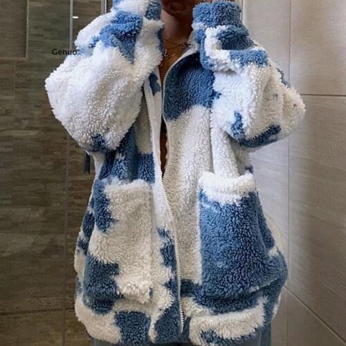 Autumn Winter Women Fashion Coat Tie Dye Zipper Coat Turn Down Collar Long Sleeve Plush Warm Jacket Warm Clothes For Female