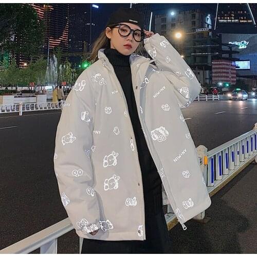 Man Hip Hop Warm Clothing Loose Casual Couple Parkas Mens Reflective Graphic Printed Parka Korean Streetwear