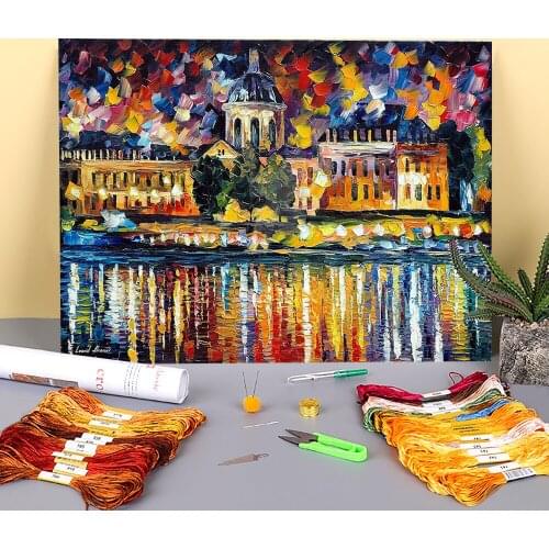 Paris France Art Institute Printed Water-Soluble Canvas 11CT Cross-Stitch Embroidery Kit DMC Threads Handiwork Package
