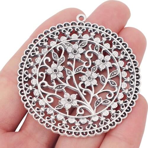 3 x Tibetan Silver Large Round Filigree Flower Charms Pendants Hollow Open for Necklace Jewelry Making Findings 55mm