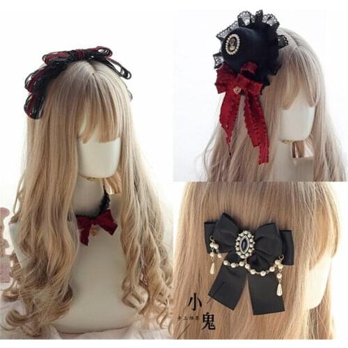 Vintage Dark Girls Gothic Lolita Pearls Bow Black Hat Headband Hair Accessories Headwear Womens Headdress Hair pin B468