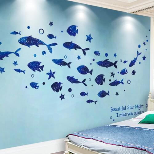[shijuekongjian] Blue Fish Wall Stickers DIY Cartoon Stars Mural Decals for Kids Rooms Baby Bedroom Nursery Home Decoration