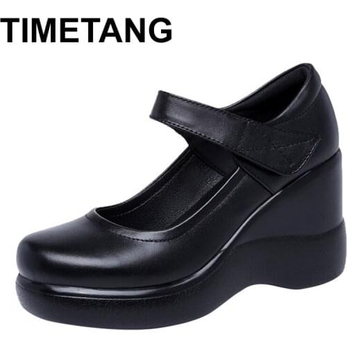 TIMETANGBig Size Round Toe Thick Wedge Shoes Pumps Women Shoes Mary Jane Bottom Split Platform Pumps Leather Shoes Brand New
