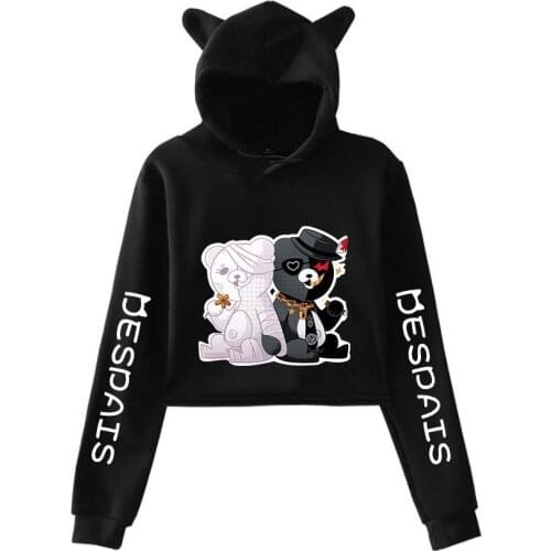 Kawaii Danganronpa Monokuma Hoodie Women Black White Bear Crop Tops Hoodies Streetwear Kawaii Cat Ear Cropped Short Sweatshirt