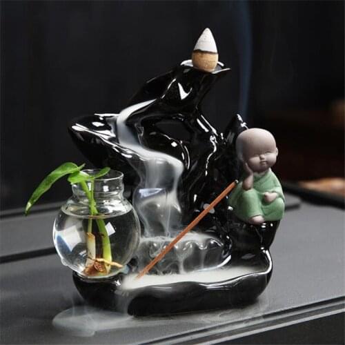 Creative Zen Little Monk Lotus Mountain Waterfall Incense Burner Buddha Small Green Plant Vase Home Decor Aromatherapy Censer