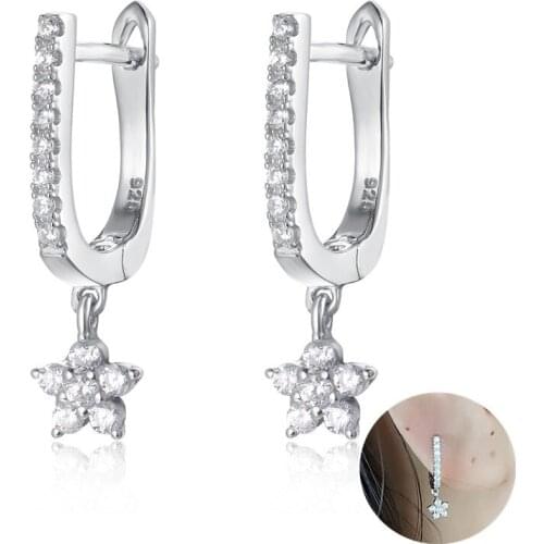 U Shaped Flower Gold Plated Huggie Hoop Earrings 925 Sterling Silver Charm Cubic Zirconia Cartilage Piercing For Women Men Girls