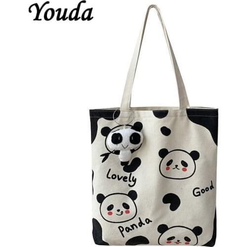 Youda New Canvas Shoulder Shopper Bag for Women 2021 Girl Cartoon Bear White Female Handbags Cloth Shopping Bags Ladies Tote