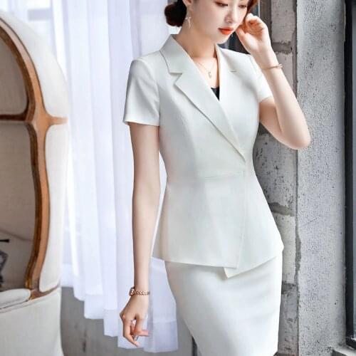 Womens suits summer and autumn new short-sleeved solid color professional decoration body temperament slim skirt two-piece