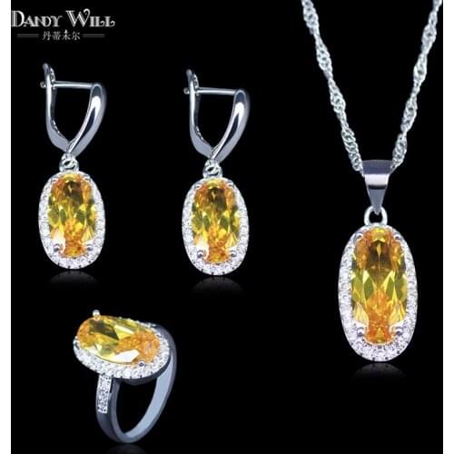 Dubai Popular style Sparkling Yellow Cubic Zirconia Earring And Necklace Fashion Women Silver Color Jewelry Sets