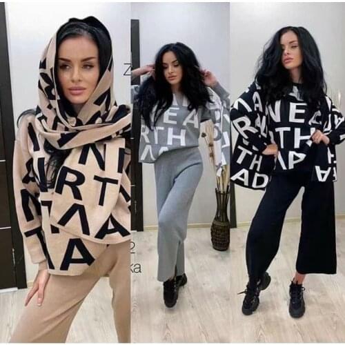 Sweater Set Women Tracksuit 3-Piece Fleece Set Letter Knitted Pullover O Neck Tops Large Shawl Scarf + Wide Leg Pant