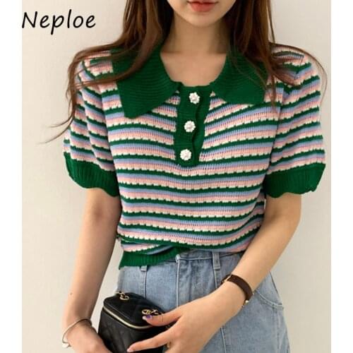 Neploe Hit Color Patchwork Striped Fashion Knit Sweater Women Turn Down Collar Short Sleeve Loose Pull Femme Summer Ladies Top