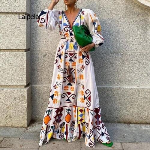 Women Elegant Sexy V Neck Lace-Up Tassel Long Dress Summer Vintage Printed Ruffle Party Maxi Dress Spring Lantern Sleeve Dress
