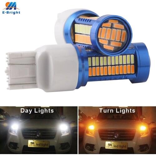 2PCS 7443 7444 992 T20 LED Dual Color Switchback Bulbs DRL With Turn Signal Daytime Running Lights White/Amber 4014 W21/5W 12V