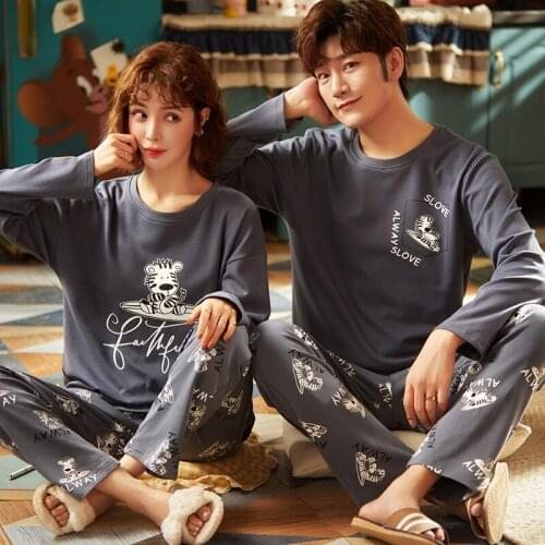 2020 Spring Autumn Couple Long Sleeve Cotton Pajama Sets For Women Cute Cartoon Sleepwear Suit Pyjamas Men Homewear Home Clothes