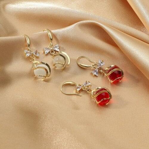 2021 Wholesale Korean Fashion New Red Opal Earrings Gentle Bow Inlaid Zircon Long Net Red Elegant Earrings Jewelry Accesorios