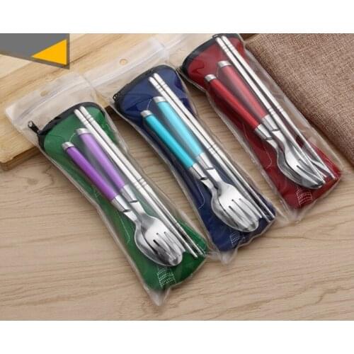 50sets/lot Fast shipping 3pcs/set Travel Picnic Portable Cutlery Stainless Steel Tableware Fork spoon chopsticks