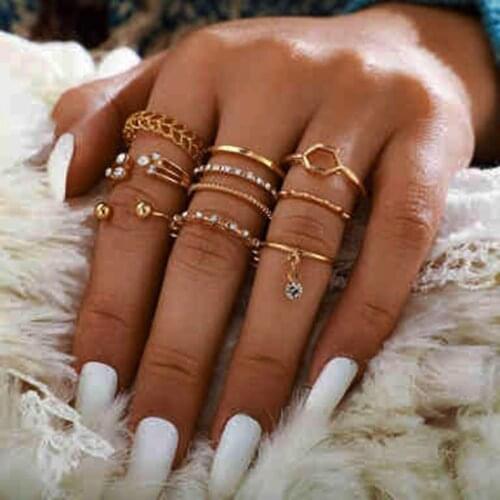 8PCS/Set Ring Combination Set Personalize Metal Hexagon Drop Full Rhinestone Finger Knuckle Hoop For Women 2021 Fashion Jewelry