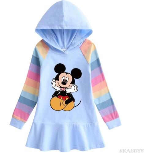 Disney Mickey Mouse Brand Kids Girls Hooded Dress Striped Ruffle Sweet Hooded Children Clothing