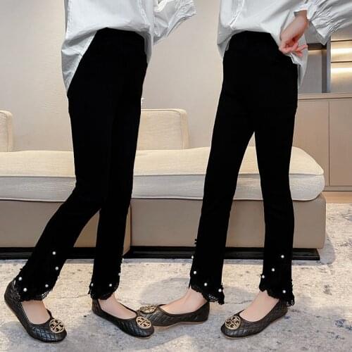Casual Black Color Girls Jeans Cotton Pearl Bottom Flare Pants Teenage Skinny Trousers for Spring Autumn Clothes 6 8 11Years OId