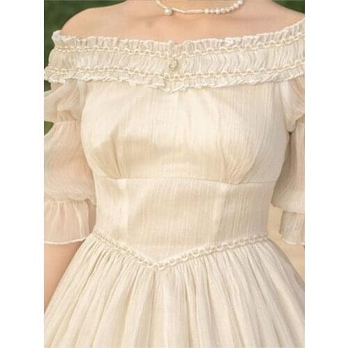 Elegant Lolita Dress Women French Slash Neck Reflective Fairy Dress Simple Royal Ball Wedding Banquet Clothing Women Autumn 2021