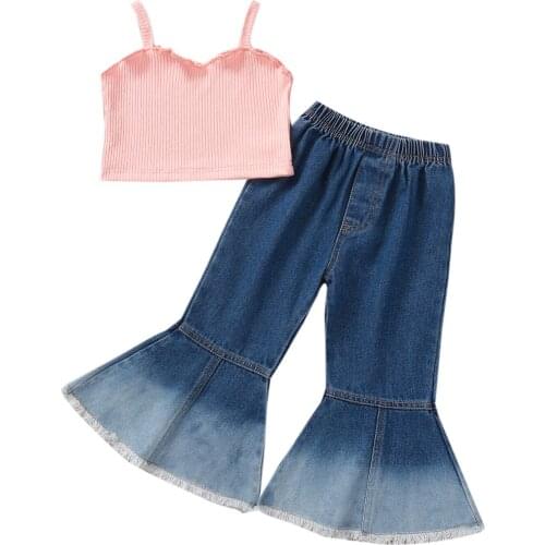 FOCUSNORM 2-6Y Summer Infant Kids Girls Clothes Sets 2pcs Solid Strap Sleeveless Vest Tops Denim Flare Pants