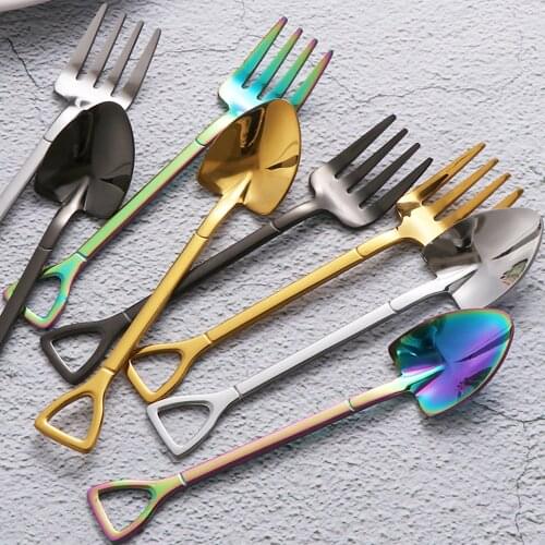 Stainless Steel Shovel Shape Ice Cream Spoon Multi-color Spoon Fork Long Handle Coffee Ice Cream Tools Home Kitchen Accessories